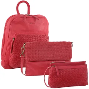 3PC Set Pierre Cardin Womens Woven Leather Cross-Body Bags   Backpack - Red