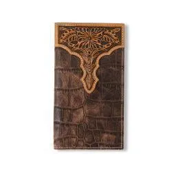 Ariat Crocodile Floral Embossed Brown Leather Checkbook Cover Rodeo Wallet A3552802