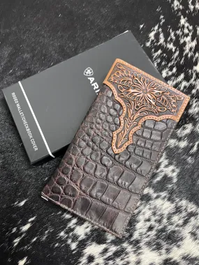 Ariat Crocodile Floral Embossed Brown Leather Checkbook Cover Rodeo Wallet A3552802