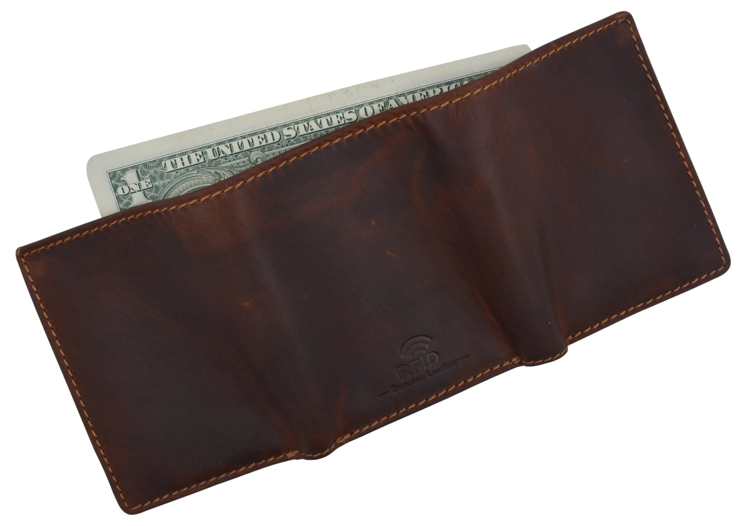 Genuine Leather Mens RFID Blocking Slim Trifold Wallet with 12 Cards 1 ID Window   2 Note Compartments.