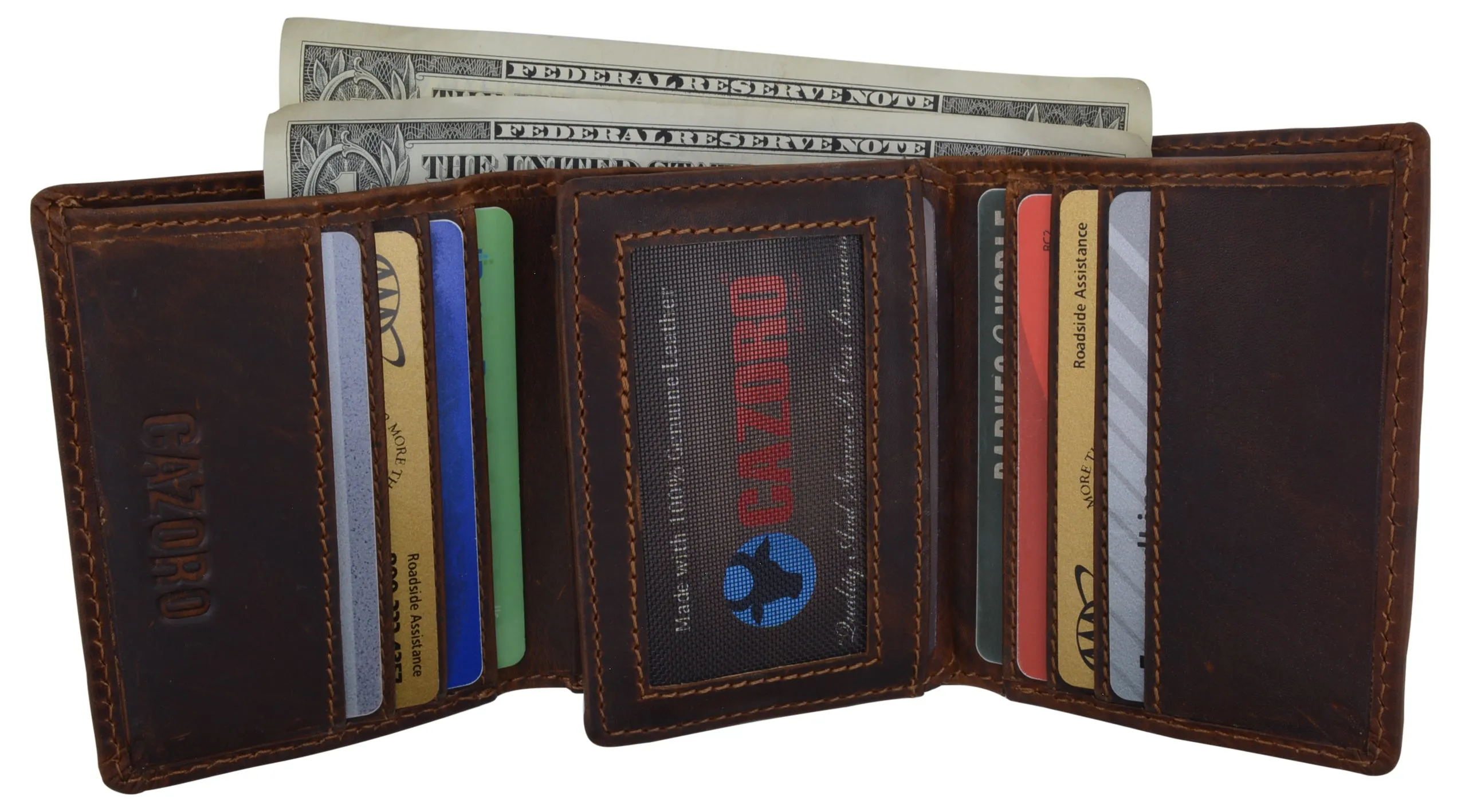 Genuine Leather Mens RFID Blocking Slim Trifold Wallet with 12 Cards 1 ID Window   2 Note Compartments.