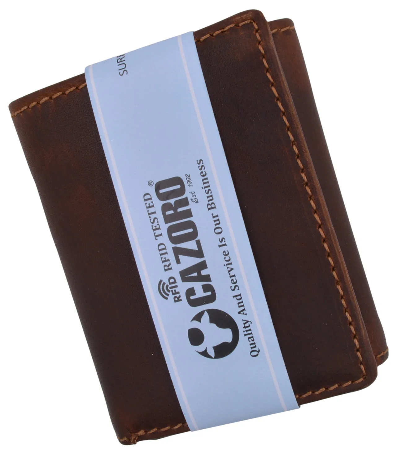Genuine Leather Mens RFID Blocking Slim Trifold Wallet with 12 Cards 1 ID Window   2 Note Compartments.