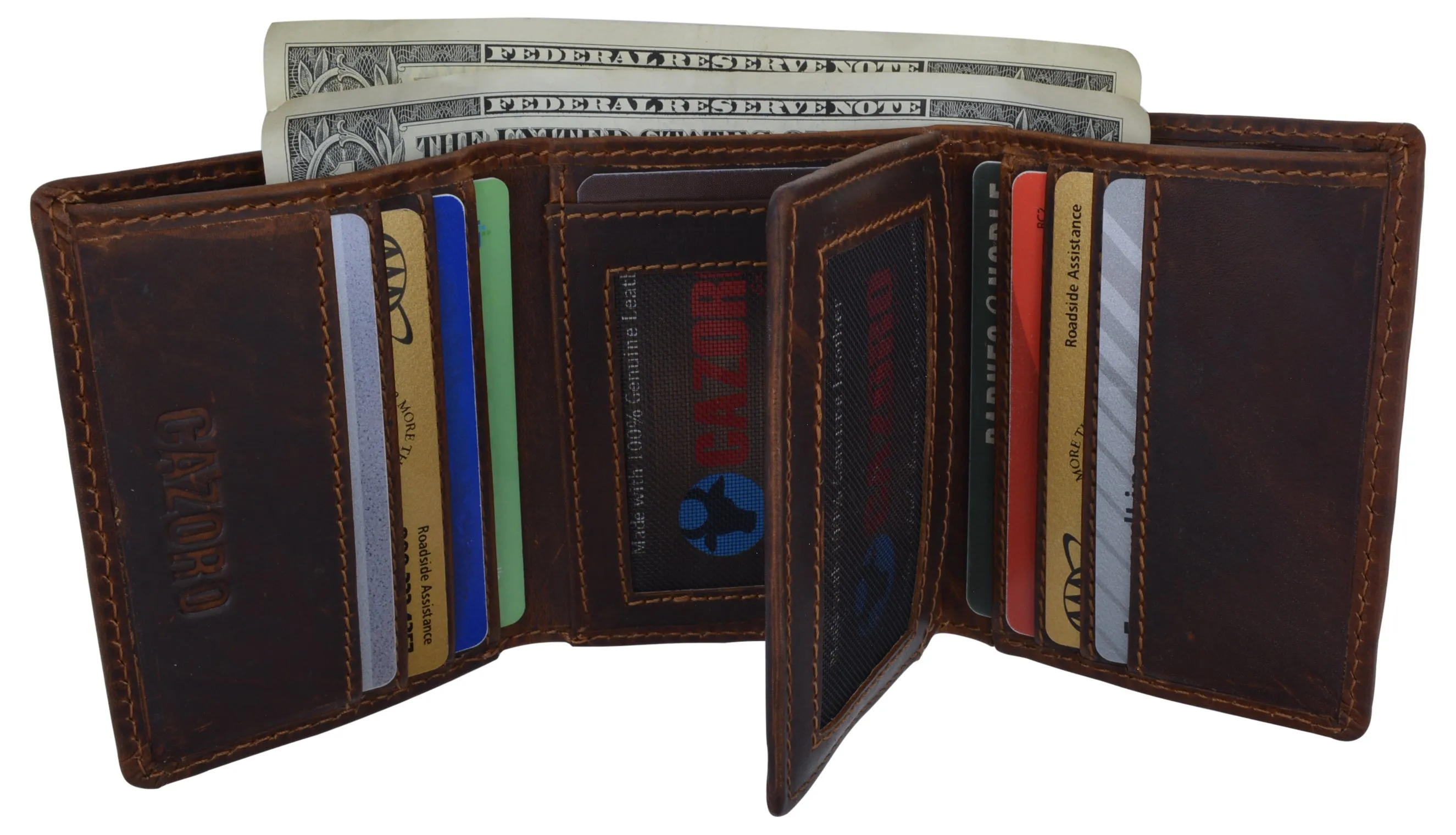 Genuine Leather Mens RFID Blocking Slim Trifold Wallet with 12 Cards 1 ID Window   2 Note Compartments.