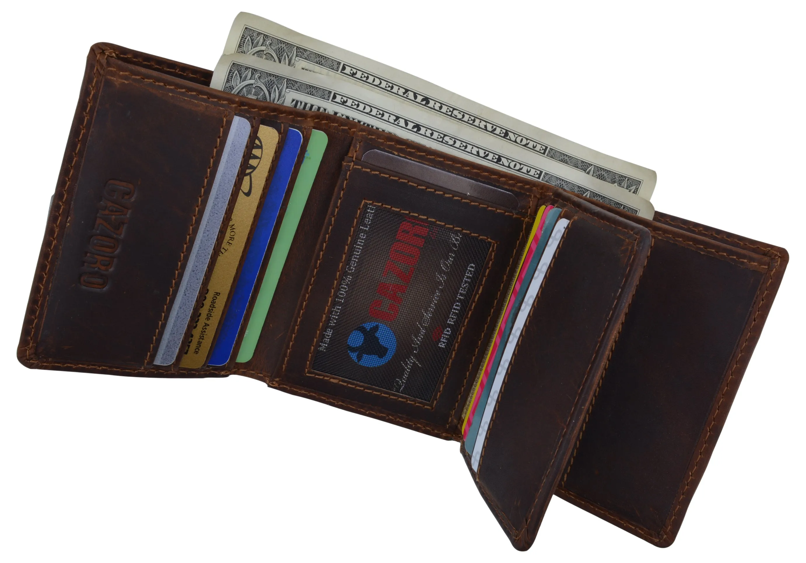 Genuine Leather Mens RFID Blocking Slim Trifold Wallet with 12 Cards 1 ID Window   2 Note Compartments.