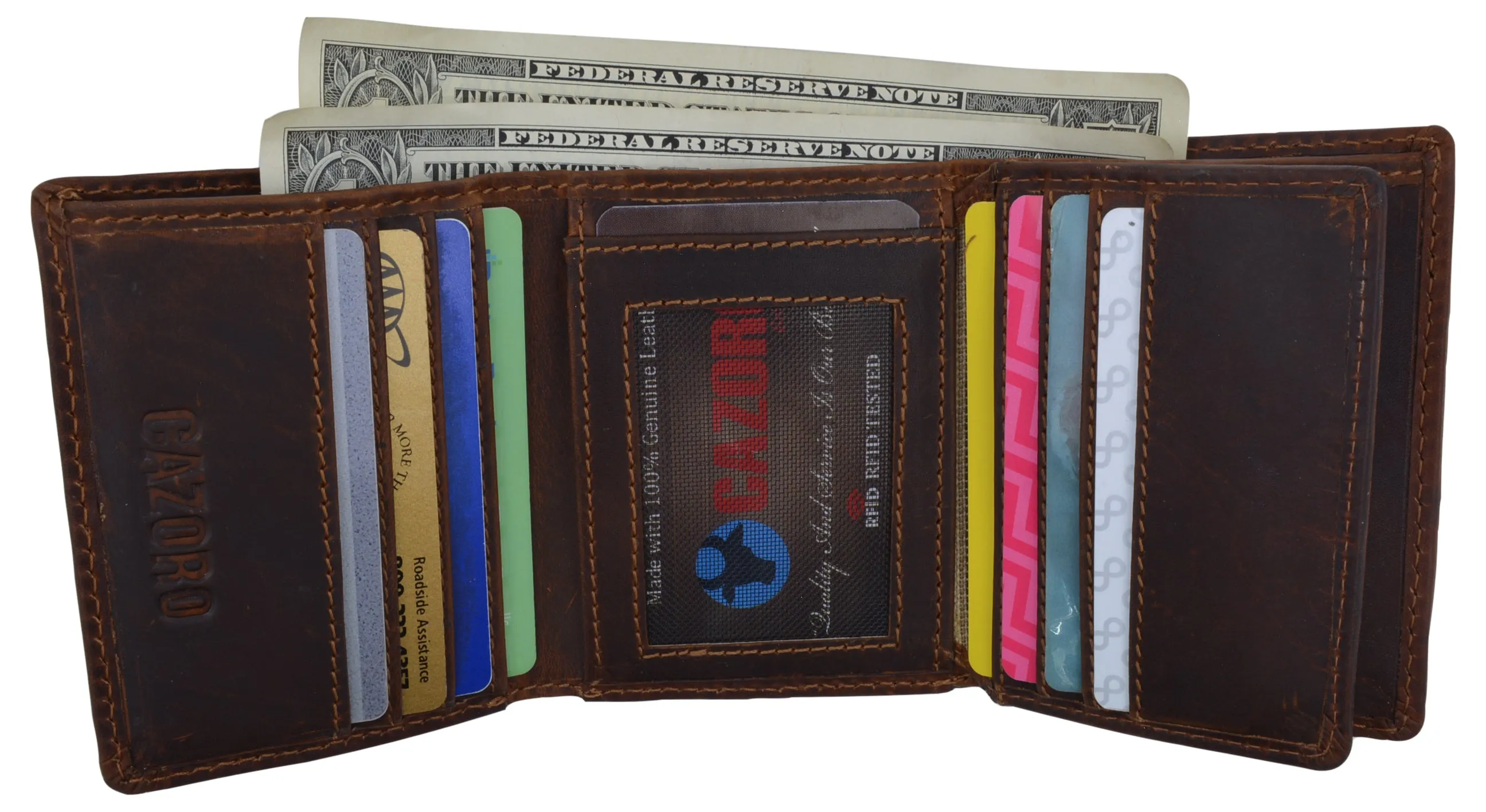 Genuine Leather Mens RFID Blocking Slim Trifold Wallet with 12 Cards 1 ID Window   2 Note Compartments.