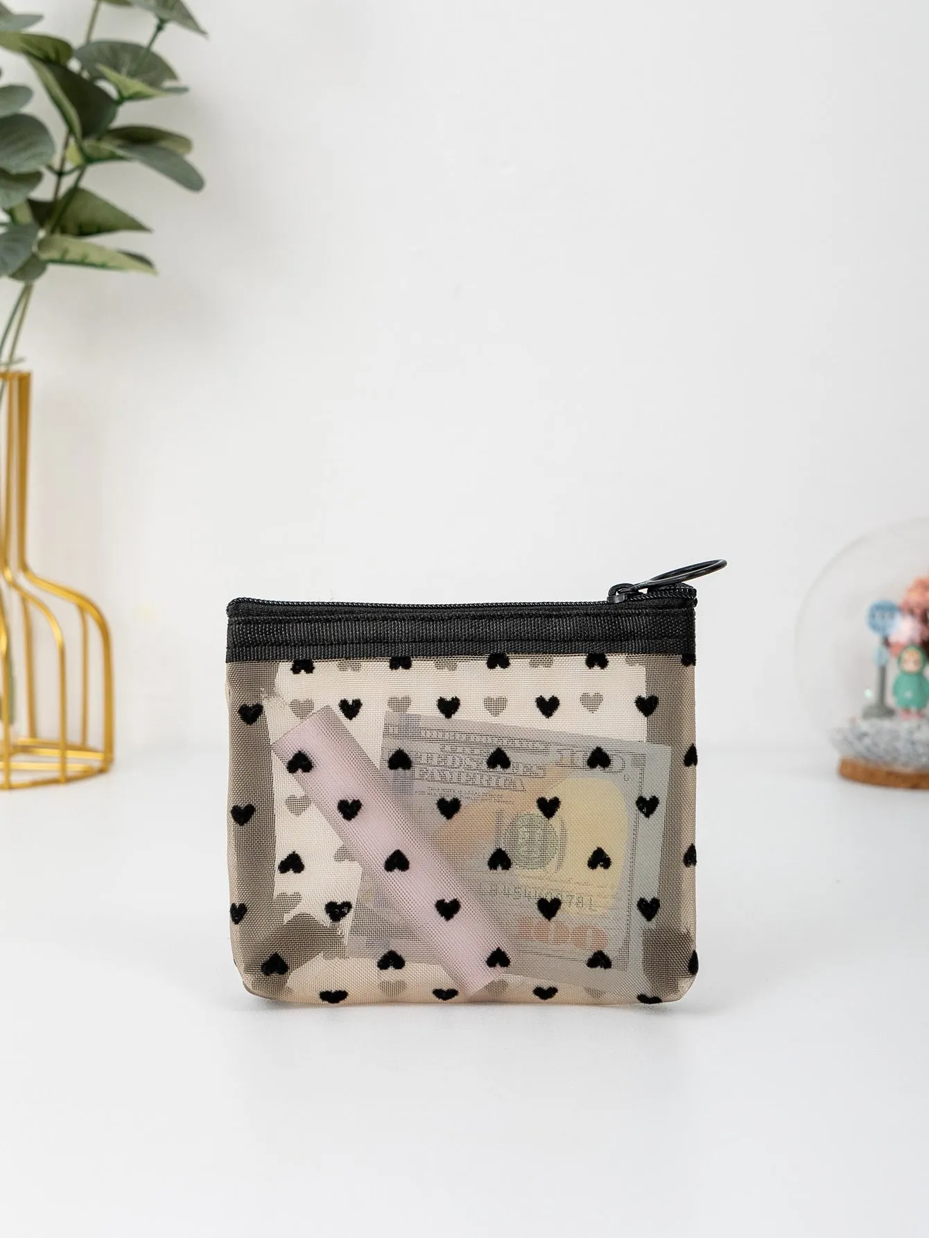Heart Pattern Mesh Coin Purse Change Pouch Coin Case Small Wallet Card Holder